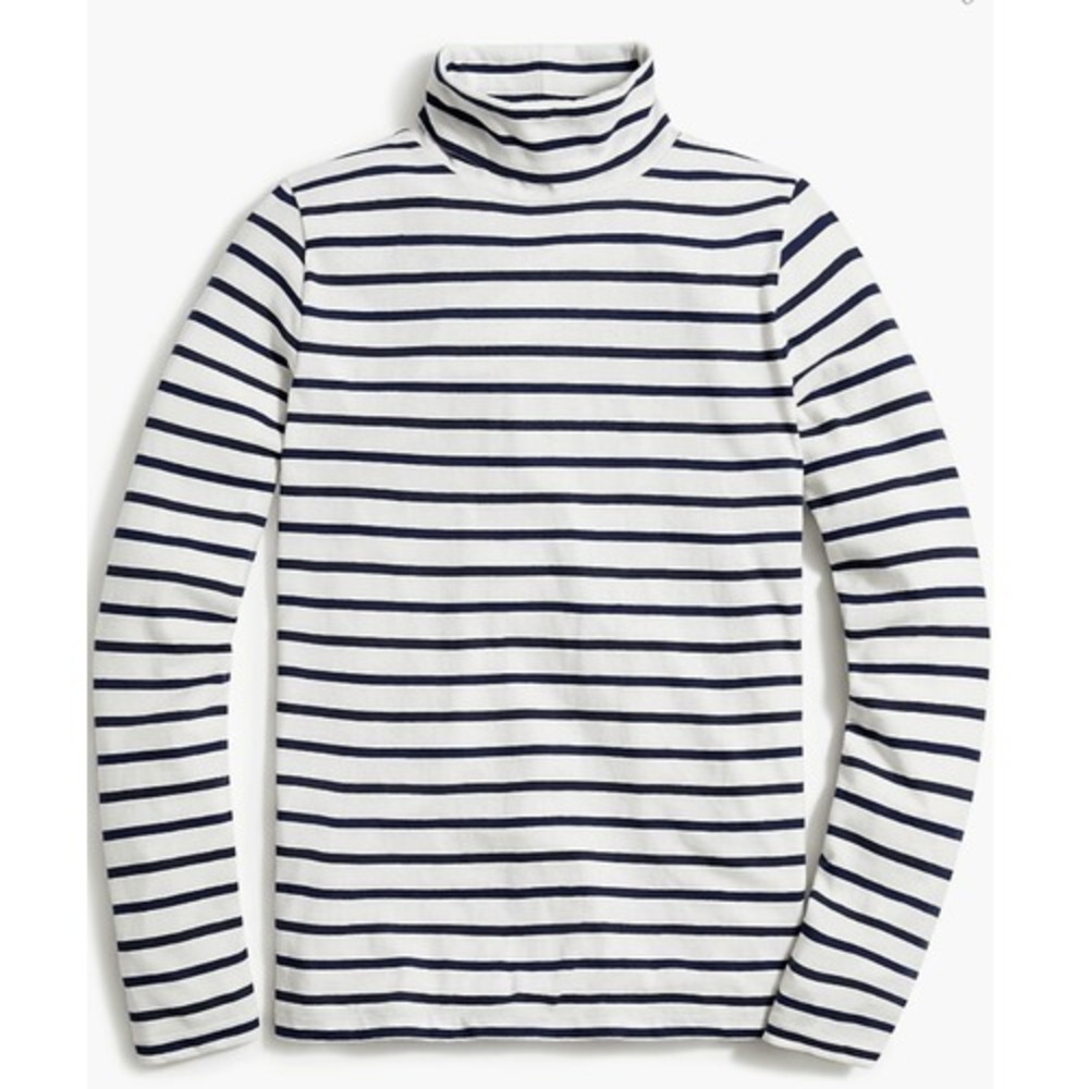 J.Crew Tissue Turtleneck Top Women XXS White Navy Blue Stripe Long Sleeve Cotton